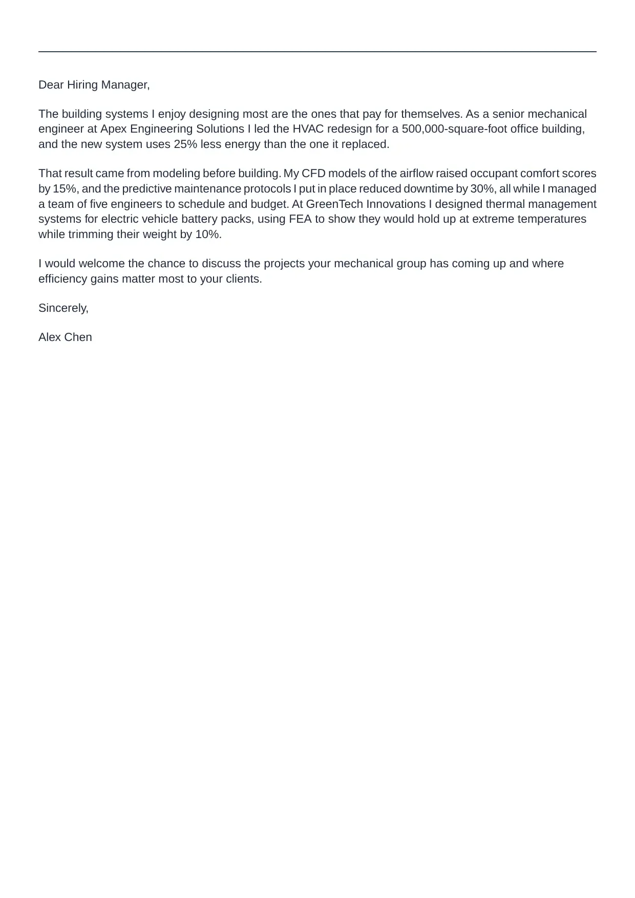 Mechanical Engineer cover letter sample