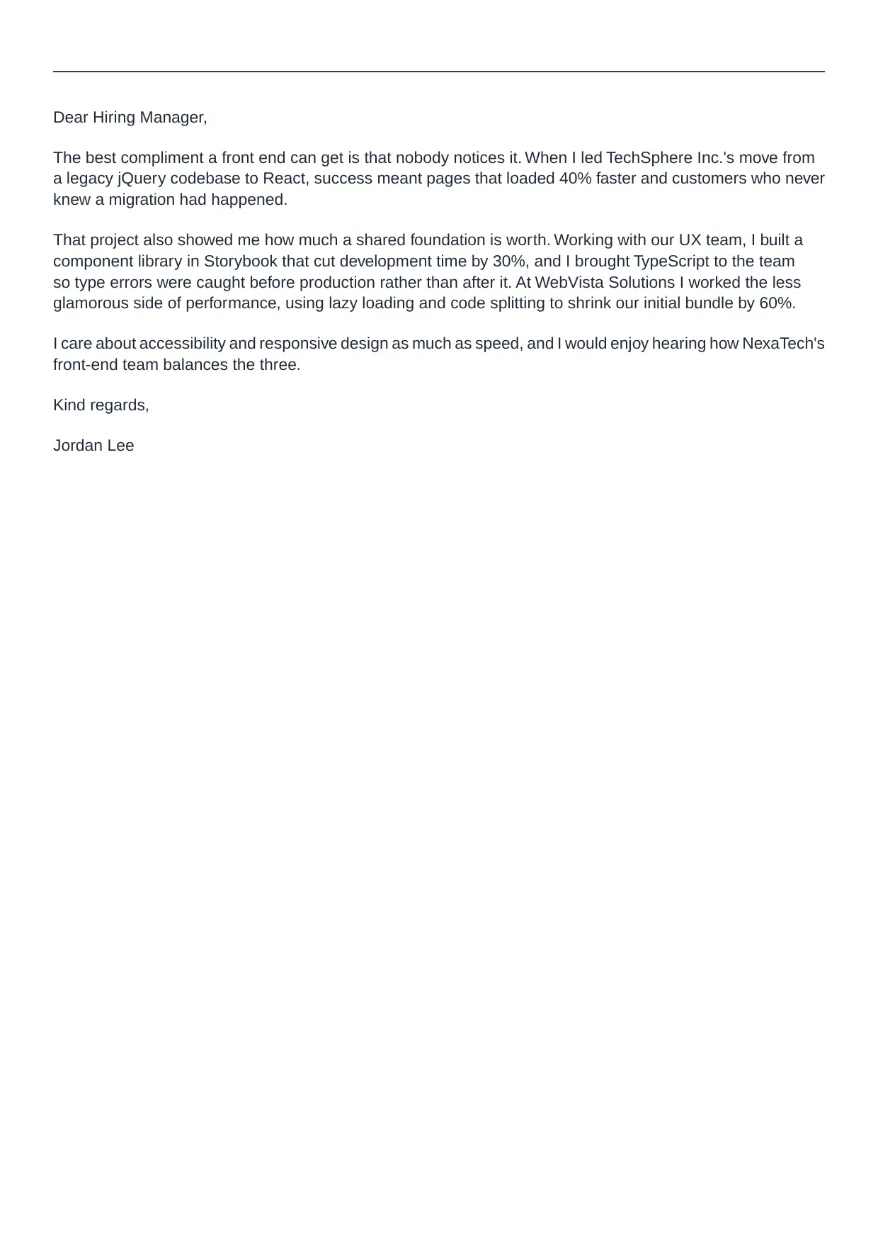 Front End Developer cover letter sample