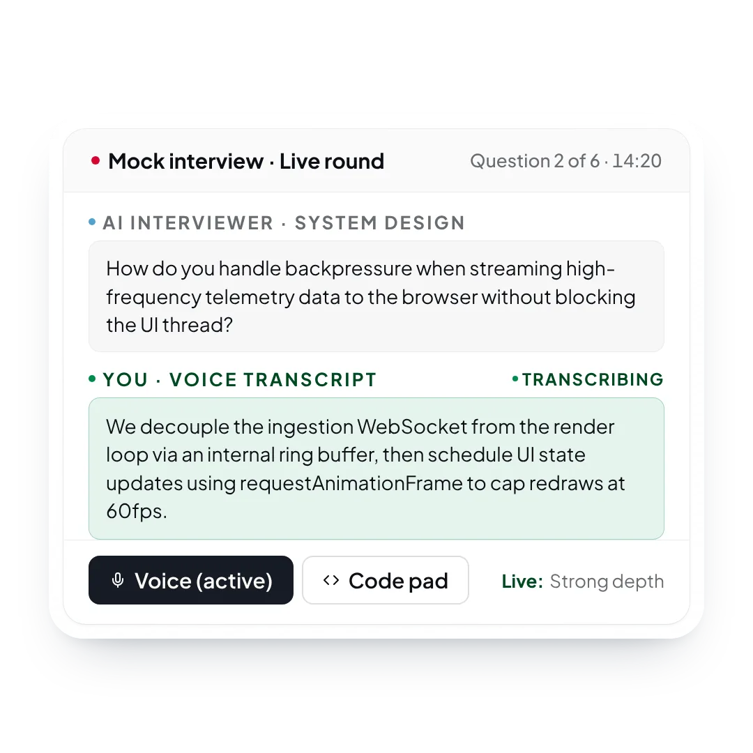A live mock interview round: the interviewer's question and the candidate's answer transcribed from voice