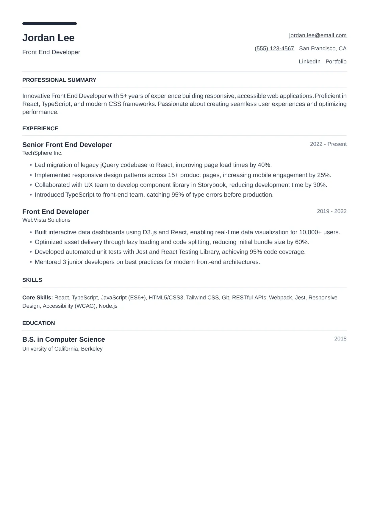 Front End Developer resume sample, Modern template