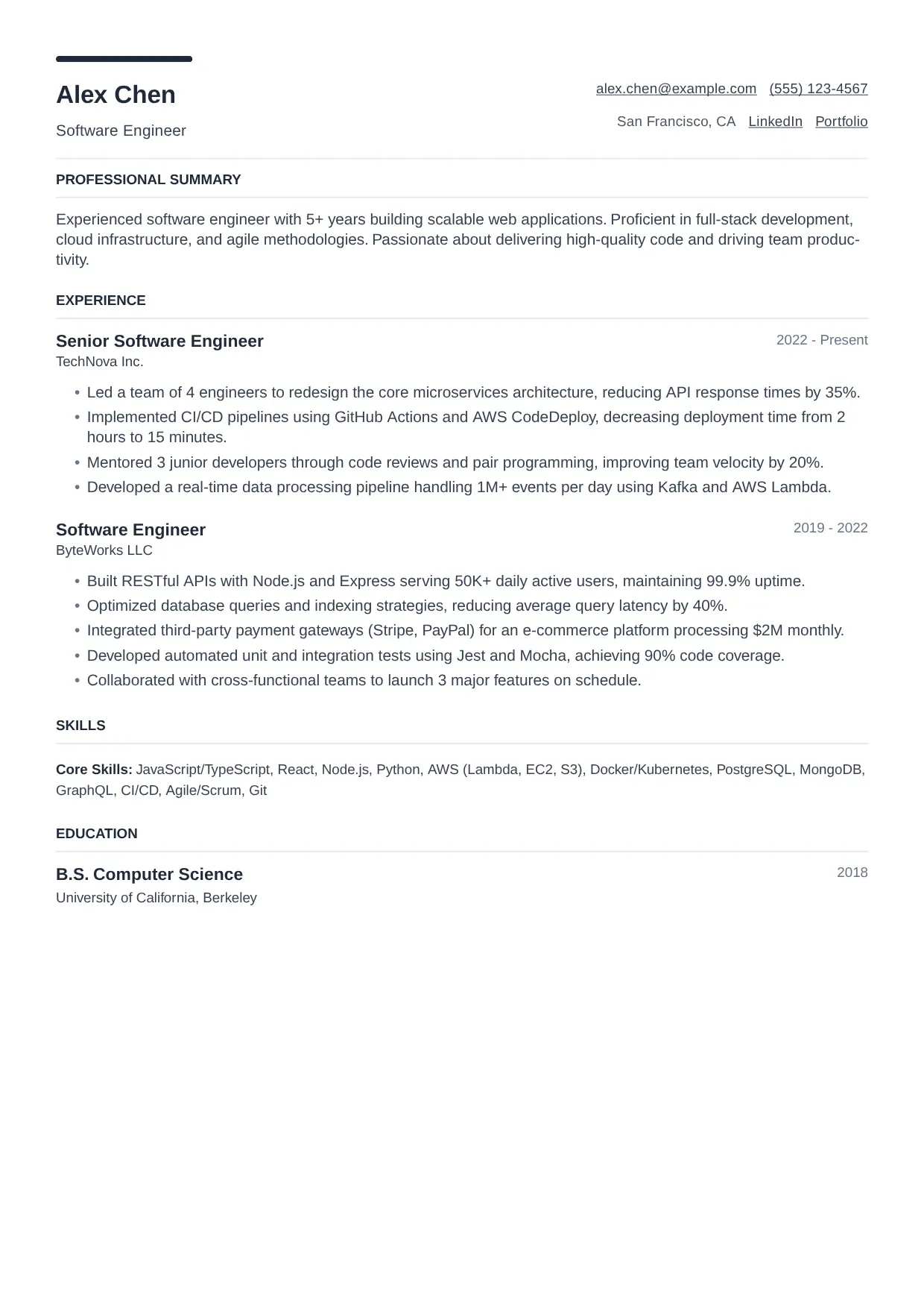 Software Engineer resume sample, Modern template
