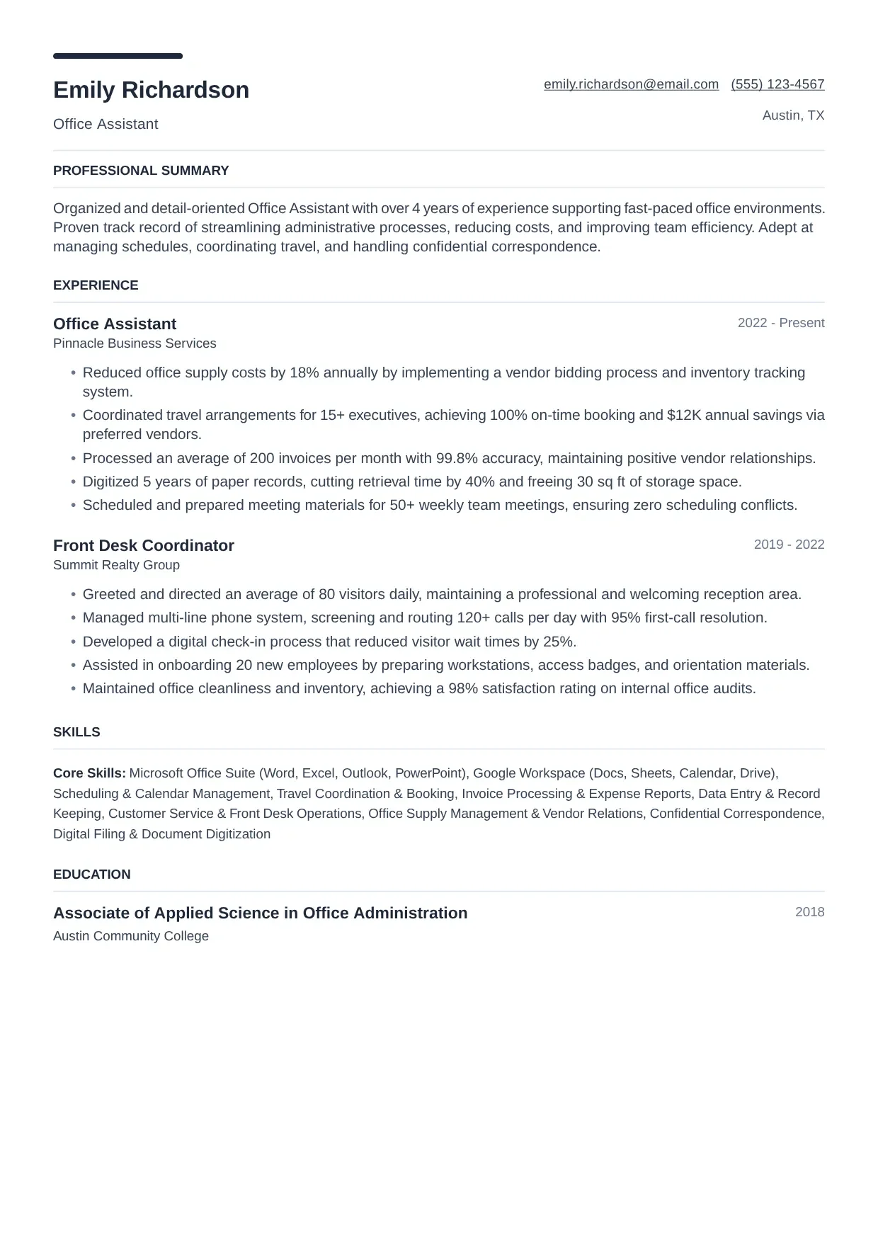 Office Assistant resume sample, Modern template