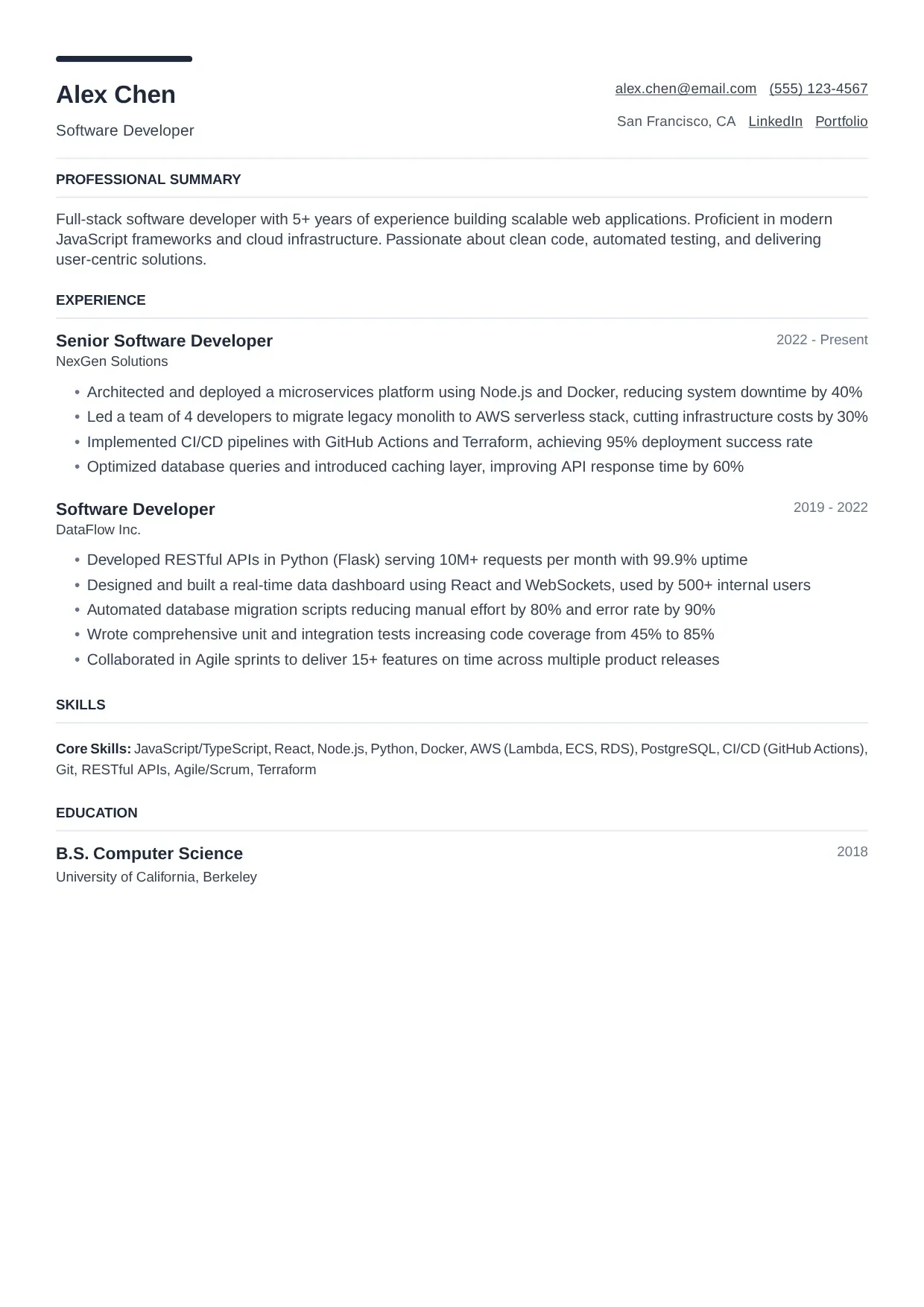 Software Developer resume sample, Modern template