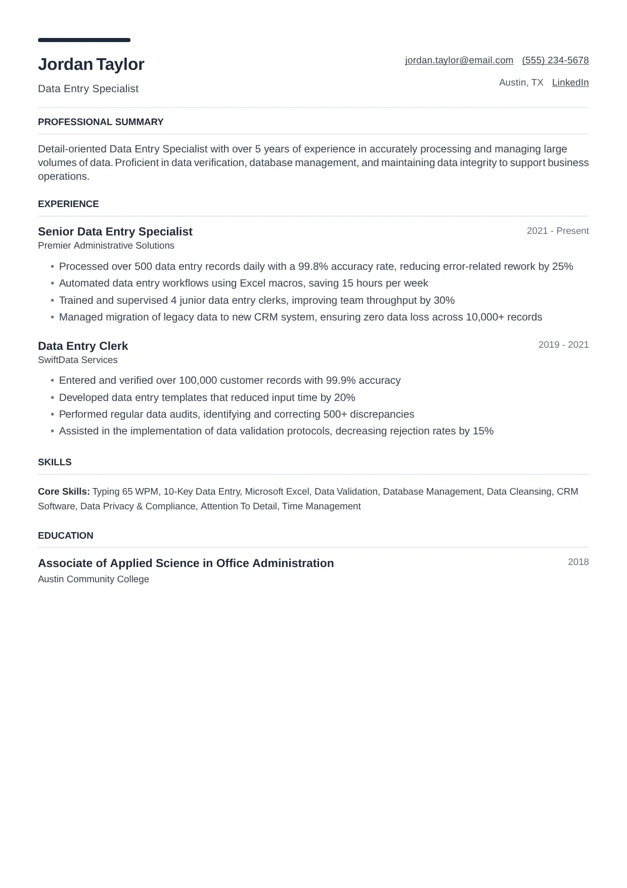 Data Entry resume sample, Modern template