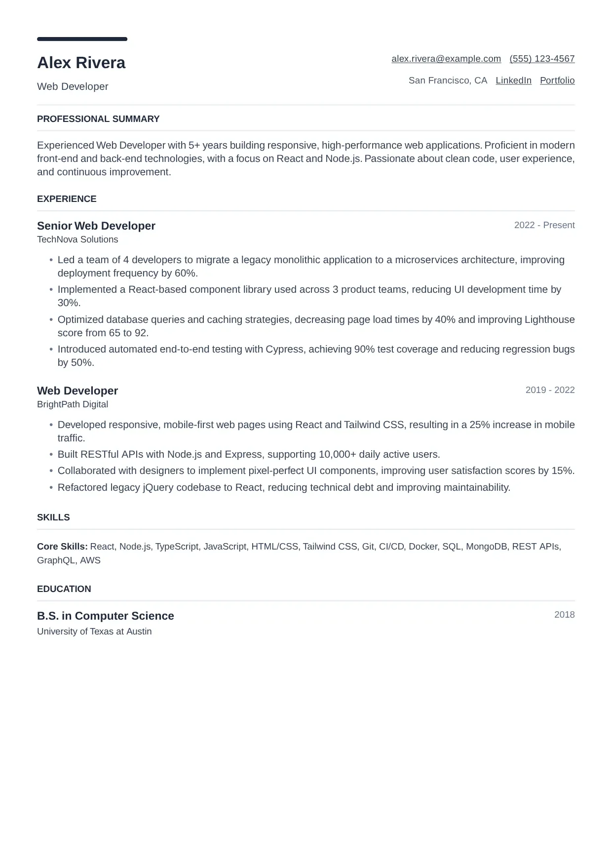 Web Developer resume sample, Modern template