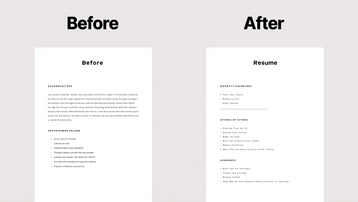 A side-by-side visual of a 'Before' resume (dense, no white space, 4+ sentences per bullet) and an 'After' resume (clean layout, 1-2 lines per bullet, plenty of white space between sections). The 'After' version has a subtle checkmark icon next to each bullet point.