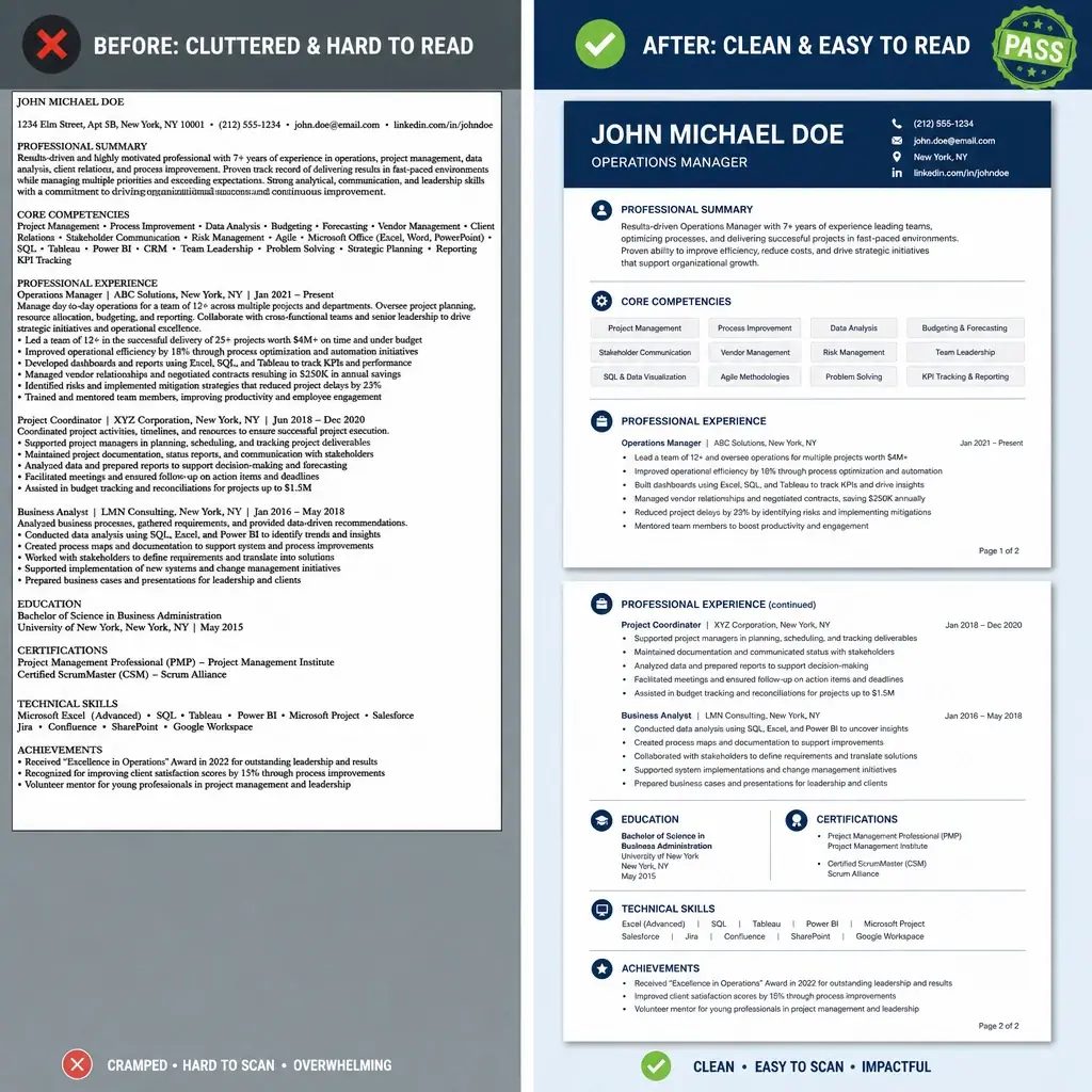 A split-screen illustration. Left side shows a cluttered, dense single-page resume with tiny font and no margins. Right side shows a clean two-page resume with generous white space, clear section headers, and readable bullet points. The right side has a subtle green "PASS" badge in the corner. The color palette is professional blues and grays.