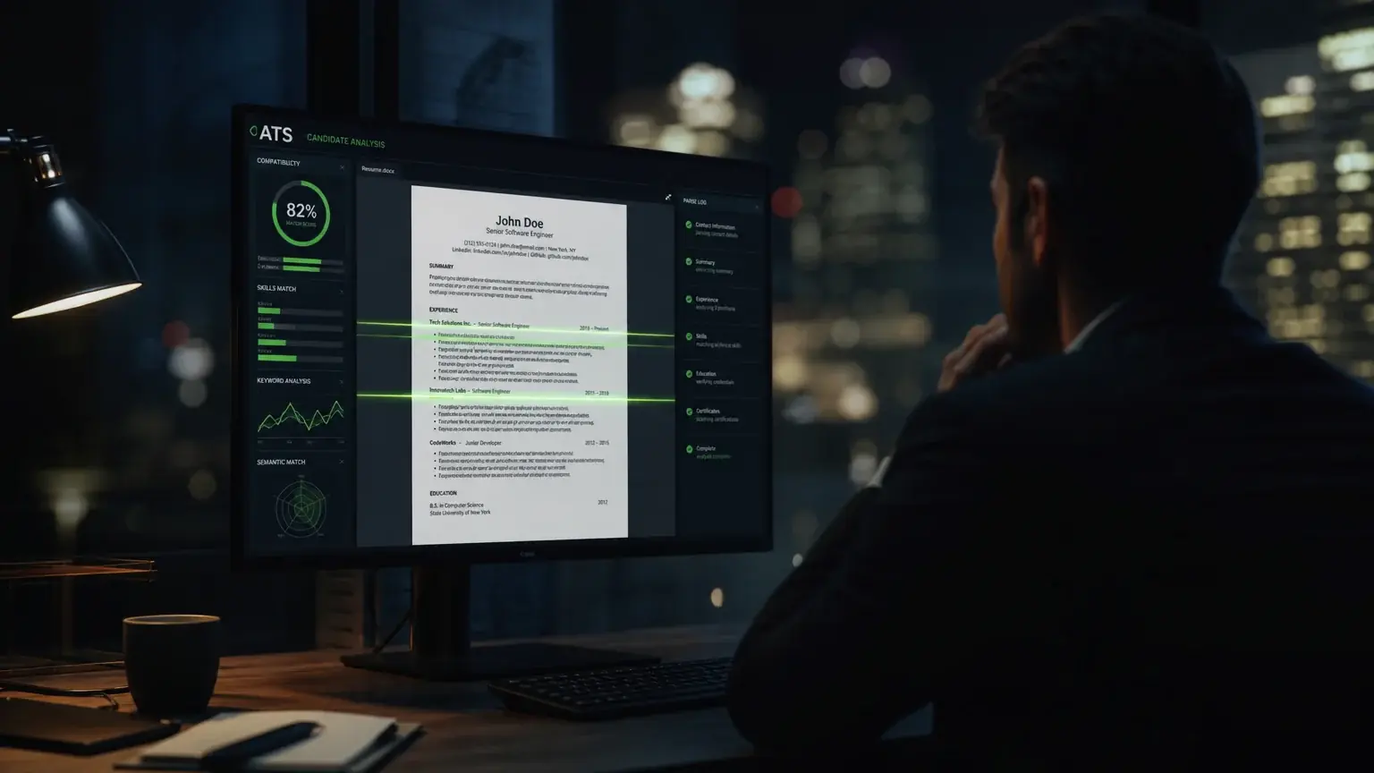 Resume being scanned by applicant tracking software on a desk at night