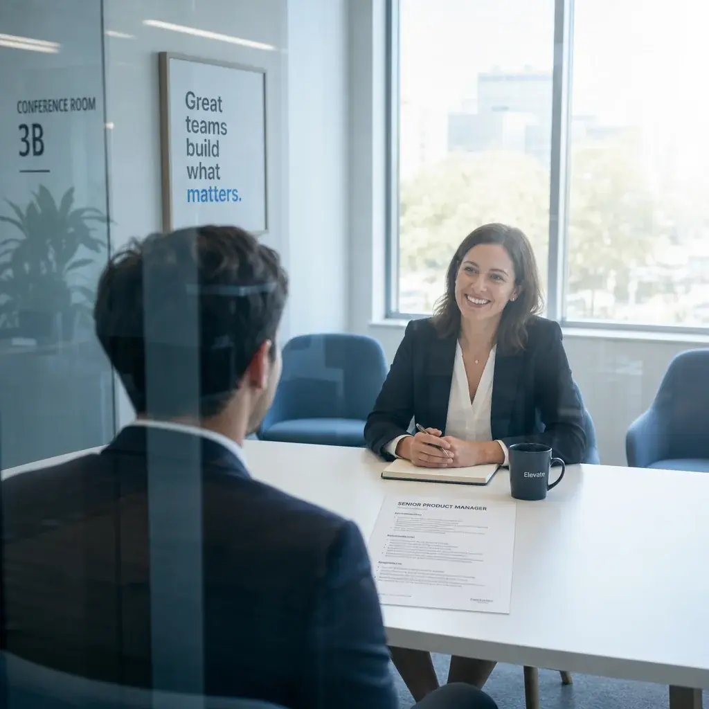 Candidate seated across from an interviewer with a printed job description on the table between them