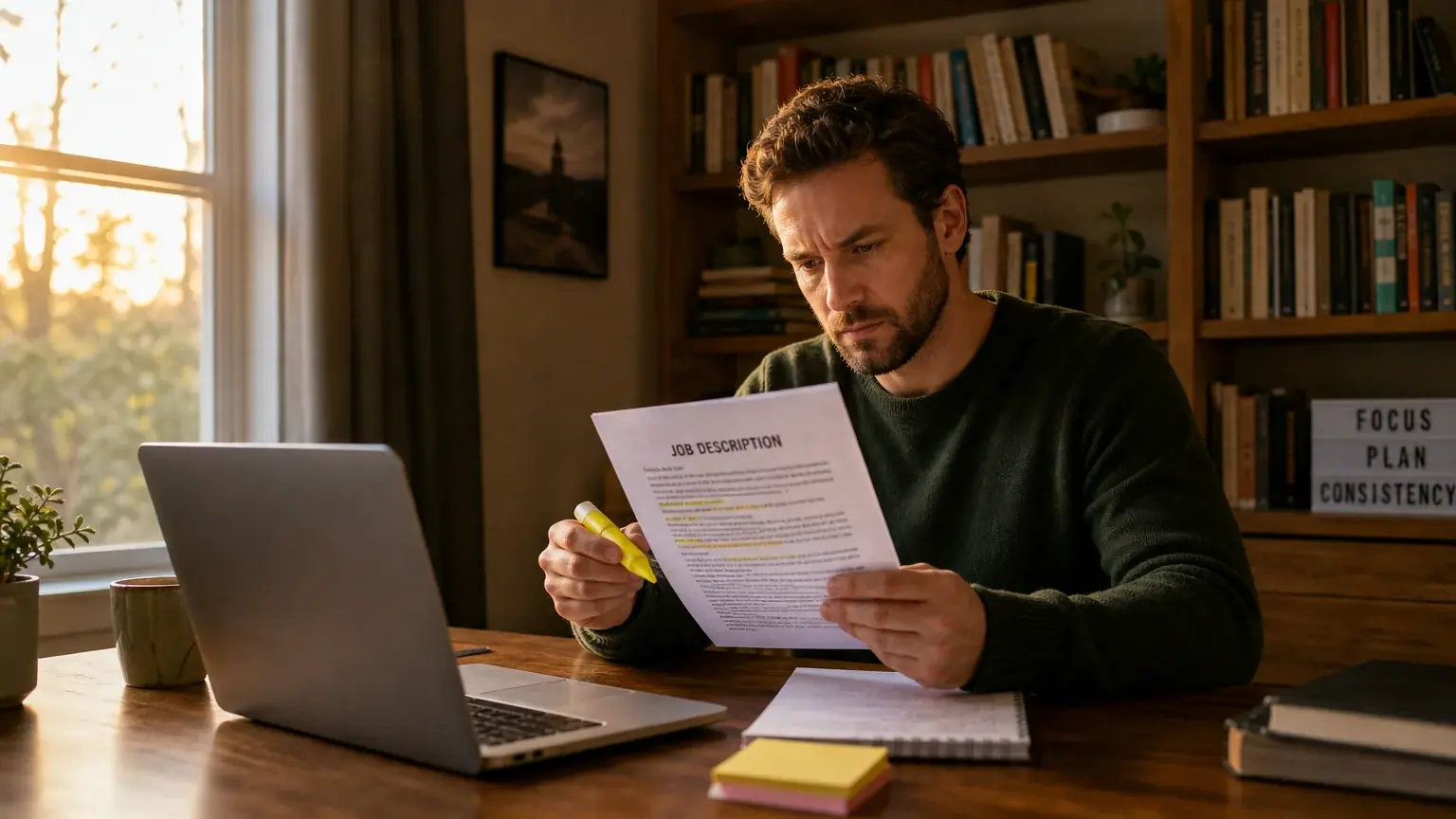 Job seeker at a desk highlighting keywords on a printed job description
