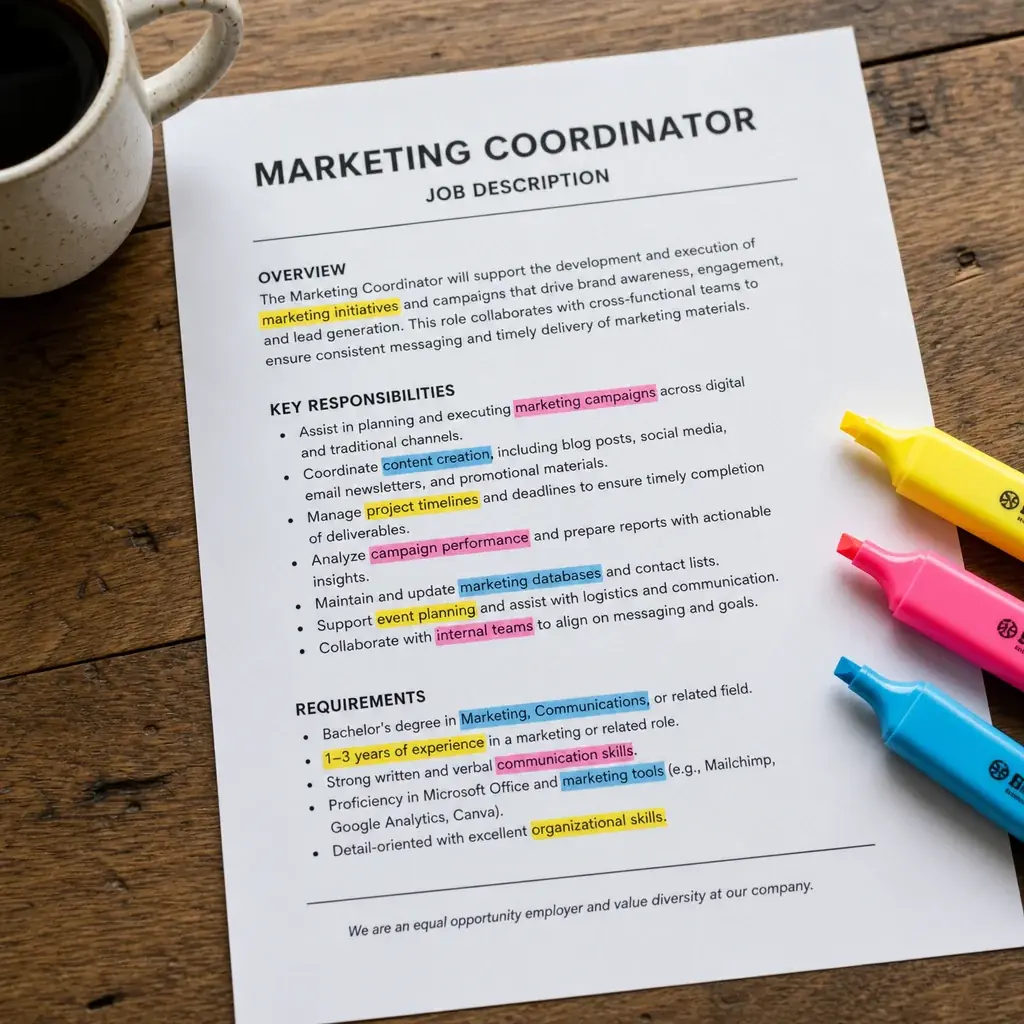 Printed job description marked with highlighters in several colors