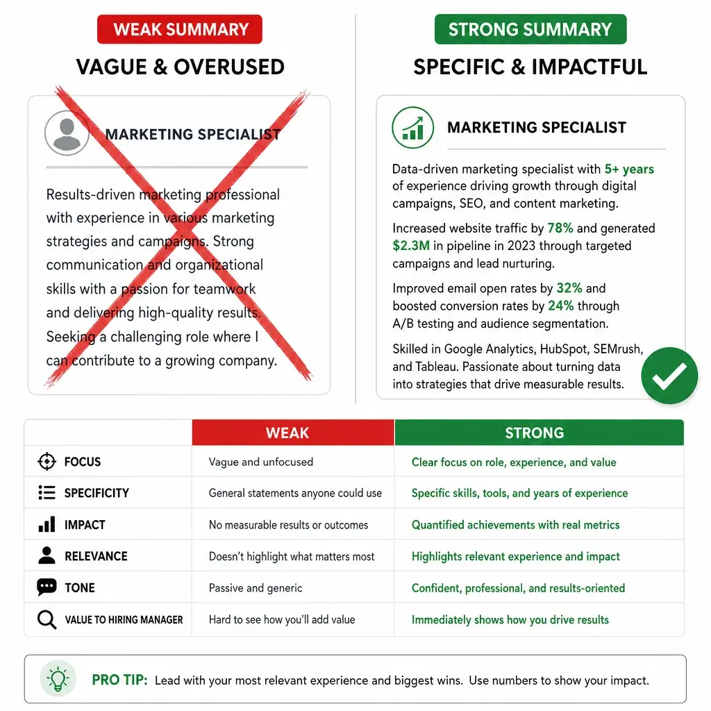A split-screen comparison. On the left, a resume summary that reads 'Seeking a challenging position where I can utilize my skills...' with a red X over it. On the right, a specific, metrics-driven summary with a green checkmark. The comparison table below shows 'Weak' vs 'Strong' examples. Clean, modern graphic design.