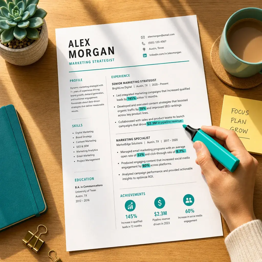 Overhead flat-lay of a resume being edited with a marker highlighting metrics, warm yellow and teal tones