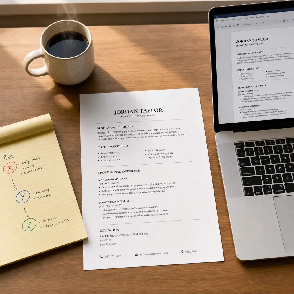 A top-down flat lay of a desk workspace showing a printed resume, a yellow notepad with handwritten notes mapping the XYZ formula (X circled in red, Y in blue, Z in green), a laptop with a text editor open, and a coffee cup. Warm, natural lighting, aspirational job-search vibe.
