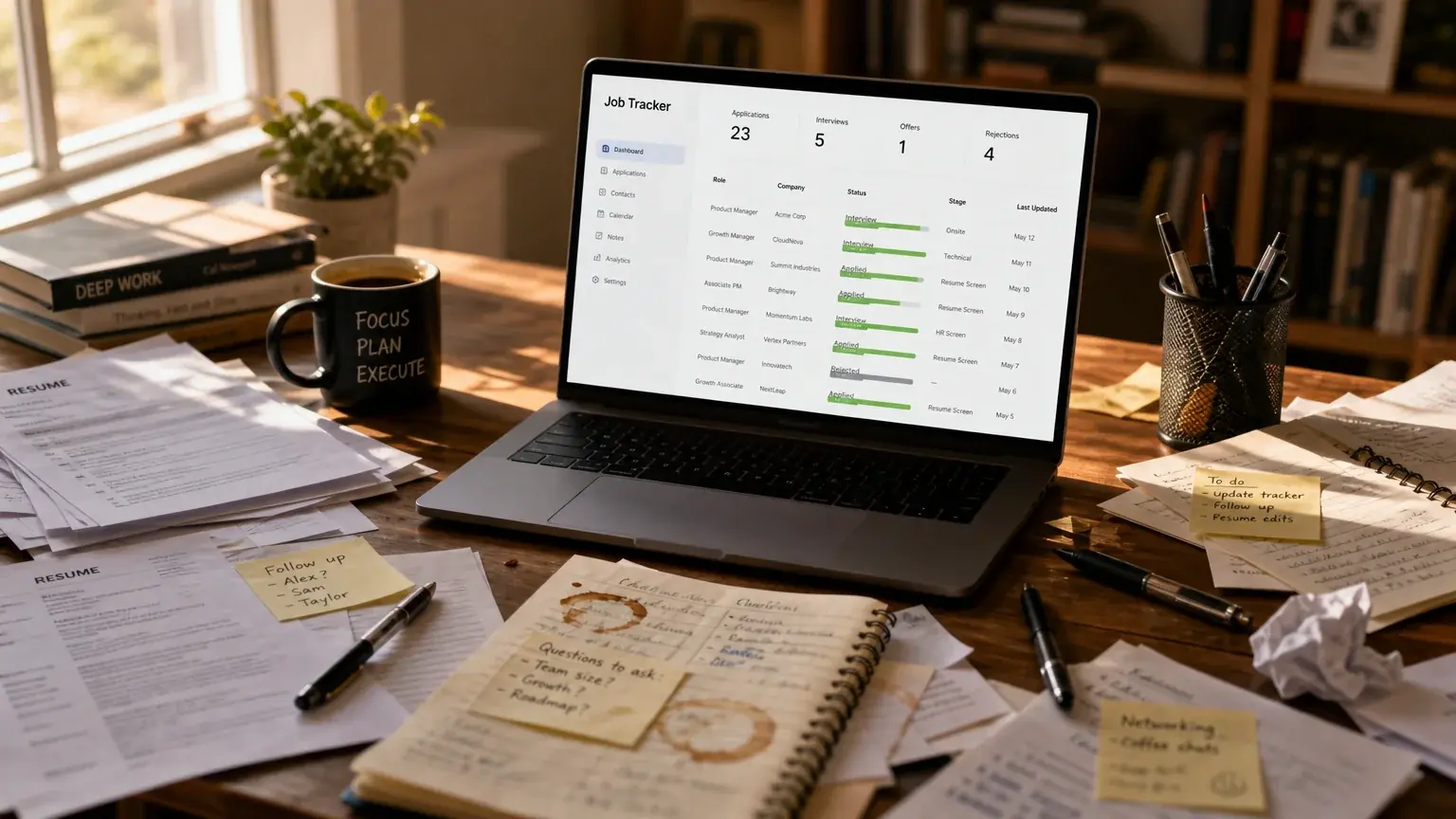 Home office desk with application printouts and sticky notes beside a laptop showing a clean job tracker dashboard