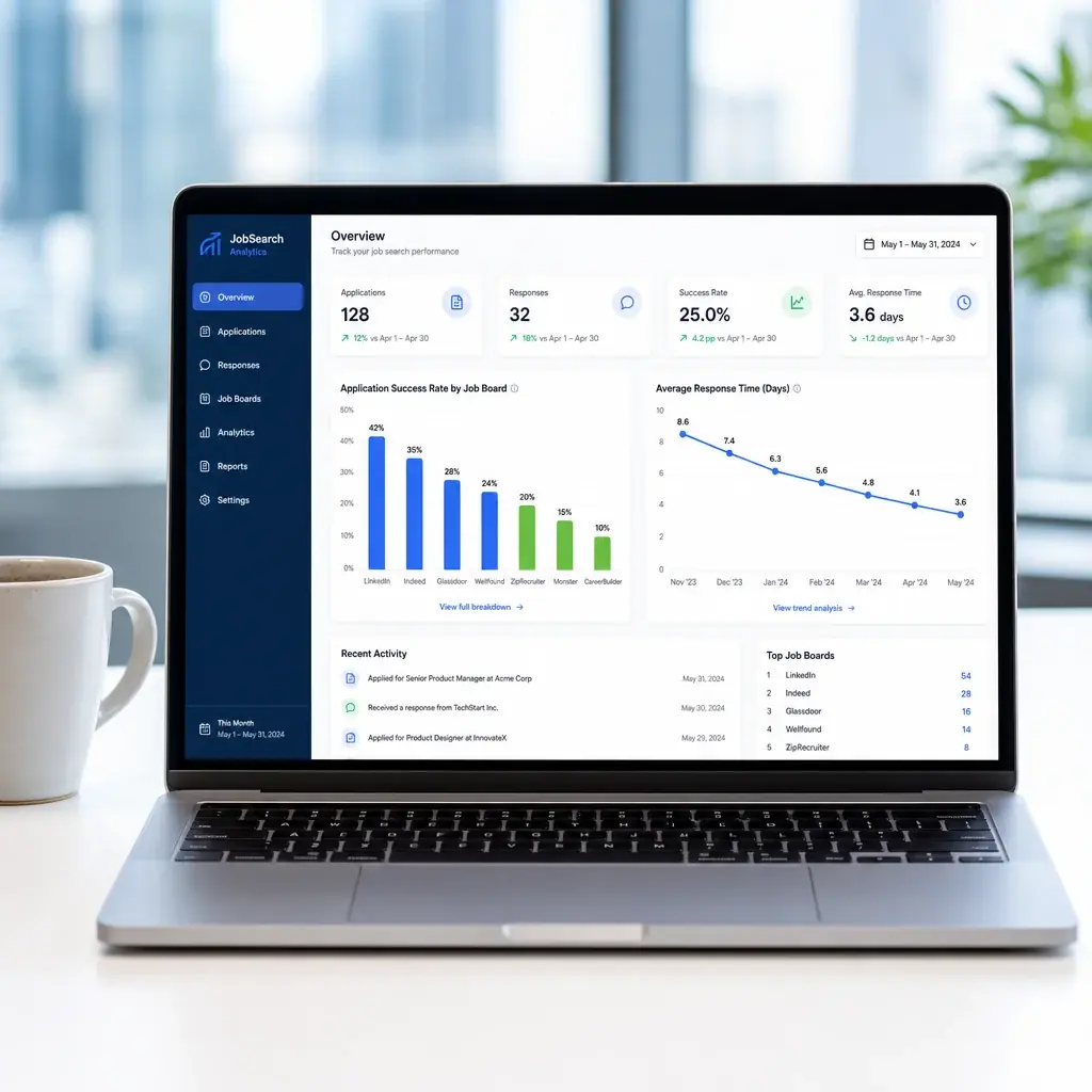 Laptop showing charts of response rates by job board and time to response