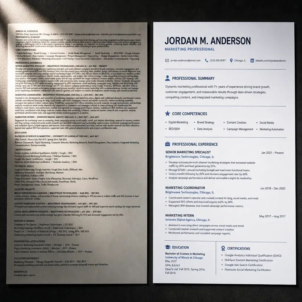 A before-and-after split composition showing two resume excerpts side by side: the left side is dense, cluttered, with tiny text and no white space; the right side is clean, spacious, with clear bold headers and bullet points. Moody editorial lighting.